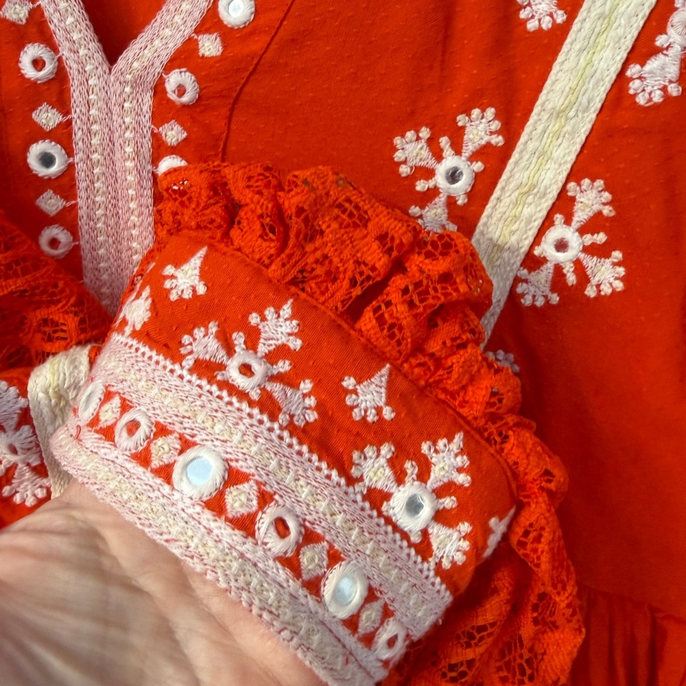 Free People Boogie All Night Orange Red Top Size Large Lace Sleeves Boho Chic - Picture 4 of 11
